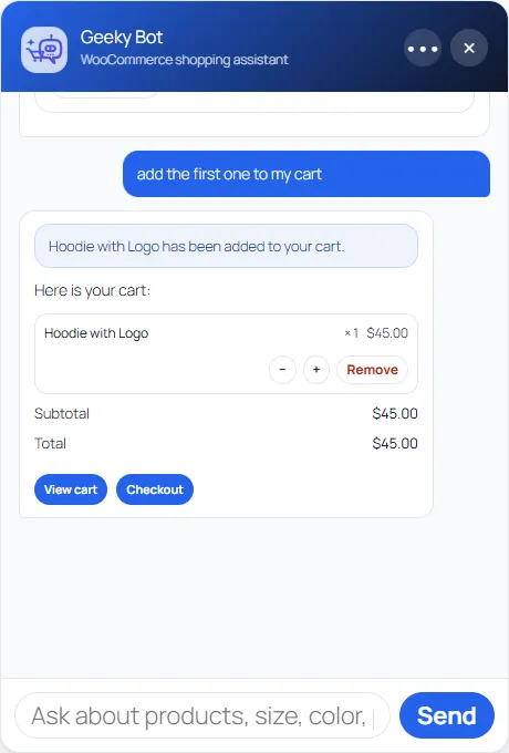 The chat after “add the first one to my cart”: a confirmation, the cart line with minus, plus and Remove buttons, the subtotal and total, and View cart and Checkout buttons