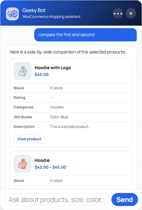 The chat after “compare the first and second”: two hoodies side by side with stock, rating, categories, attributes and description