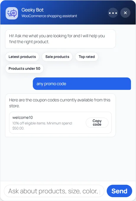 The chat answering “any promo code”: the code welcome10 with “10% off eligible items. Minimum spend: $50.00.” and a Copy code button