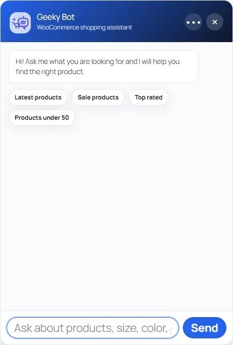 The open chat with the welcome message and four starter prompts: Latest products, Sale products, Top rated and Products under 50