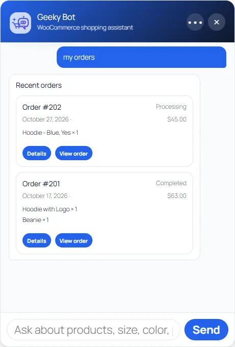The chat after “my orders”: two order cards with number, status, date, total and items, each with Details and View order buttons