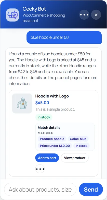 The chat on a phone, showing a product card whose Match details list Product: hoodie, Color: blue, Price: under $50.00 and In stock