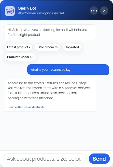 The chat answering a returns question: it quotes the store’s “Returns and refunds” page and links to it under Source