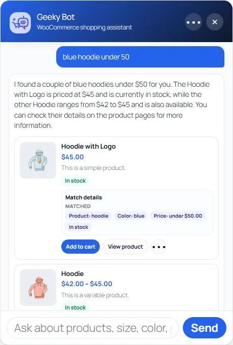 The chat on a store: the shopper asked for a blue hoodie under 50, and Geeky Bot replied with a short answer and product cards