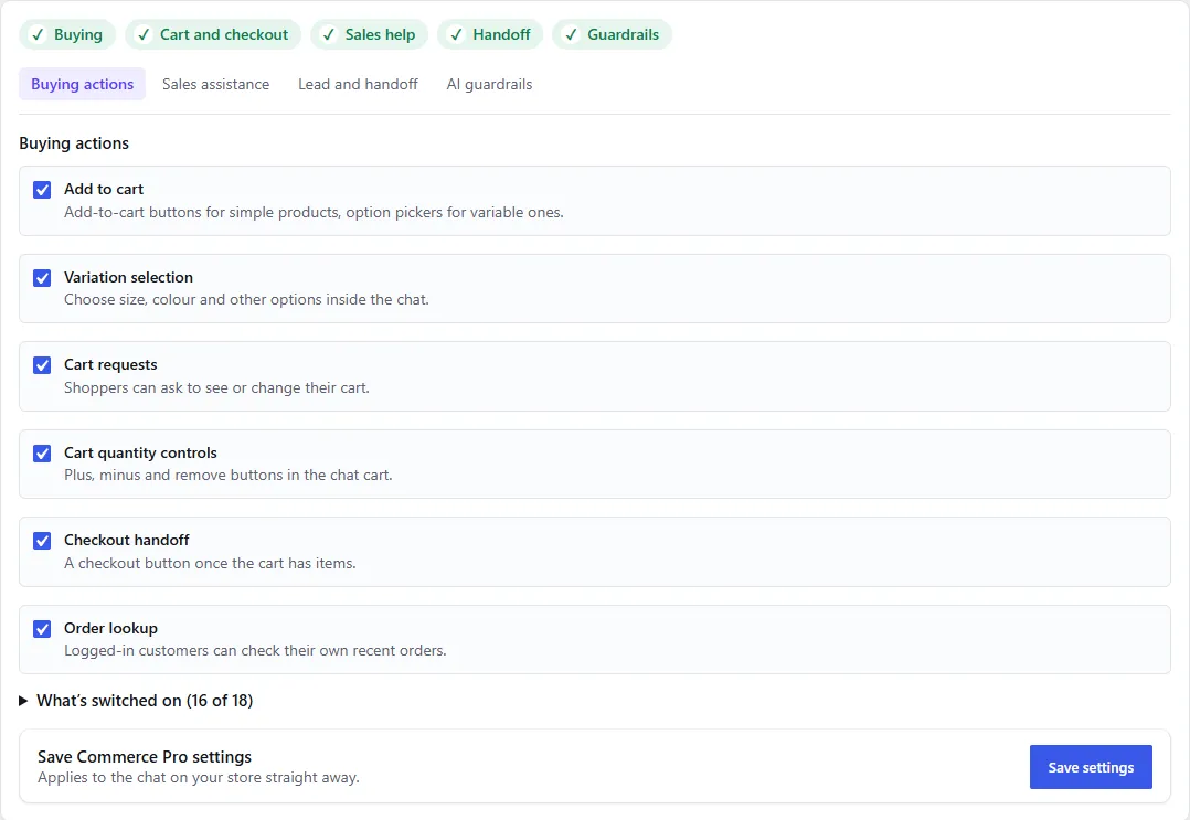 The Buying actions tab on the Commerce Pro screen with Add to cart, Variation selection, Cart requests, Cart quantity controls, Checkout handoff and Order lookup switched on