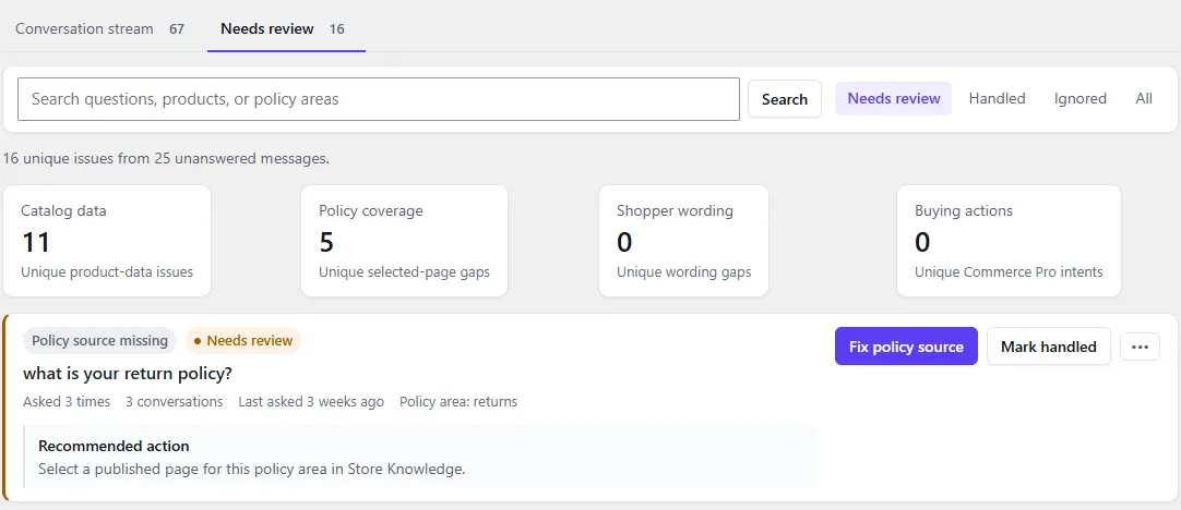 The Needs review tab: filters, counts for Catalog data, Policy coverage, Shopper wording and Buying actions, and an unanswered returns question with Fix policy source and Mark handled