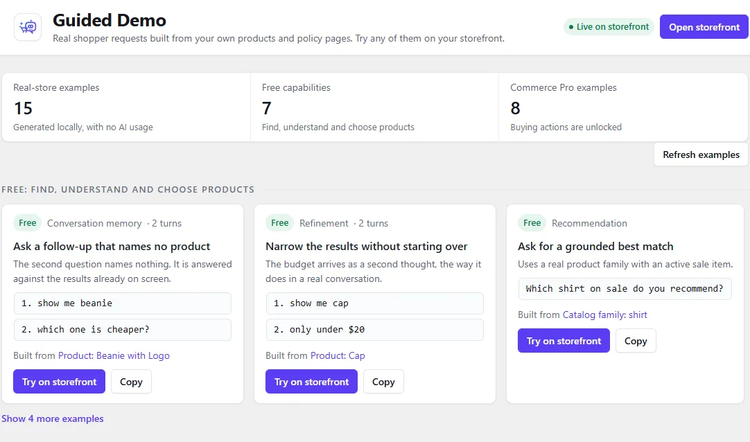 The Guided Demo screen: example counts, Refresh examples, and Free example cards with the phrases to type, Try on storefront and Copy