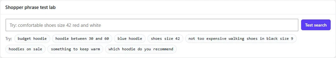 The Shopper phrase test lab on Product Search, with a search box, a Test search button and example phrases