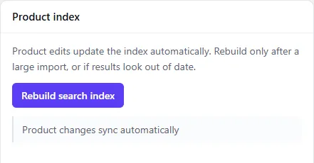 The Product index card on Product Search with the Rebuild search index button