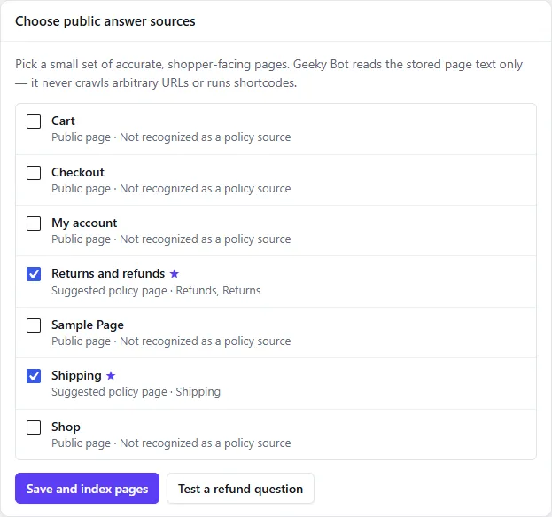 The Choose public answer sources card on Store Knowledge, with the Shipping and Returns and refunds pages ticked and starred as suggested policy pages