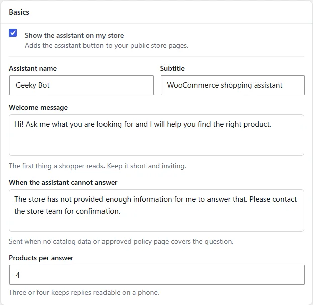 The Basics card on Storefront Widget with the assistant name, subtitle, welcome message and products per answer