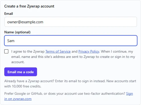The Create a free Zywrap account box with Email, Name (optional), the agreement checkbox and the Email me a code button
