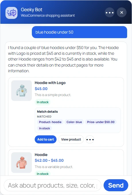 The Geeky Bot chat on a store, answering "blue hoodie under 50" with a short reply and product cards that show why each product matched